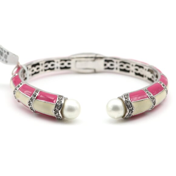 Sterling Silver Bangle Cuff Bracelet Pink and White Enamel Quartz stones and Pea - Picture 1 of 10